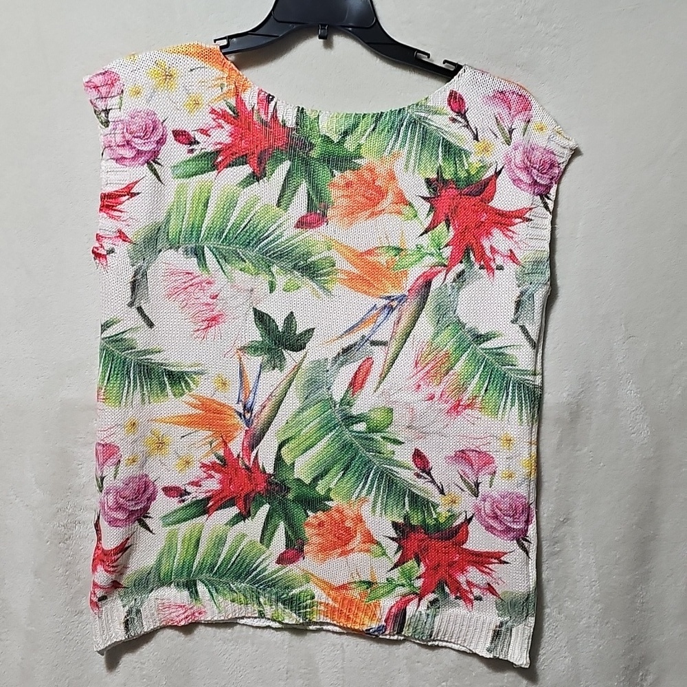 Luisa Ricci Floral Sweater Top Birds of Paradise Capped Sleeves Italy Tropical L - Picture 5 of 6